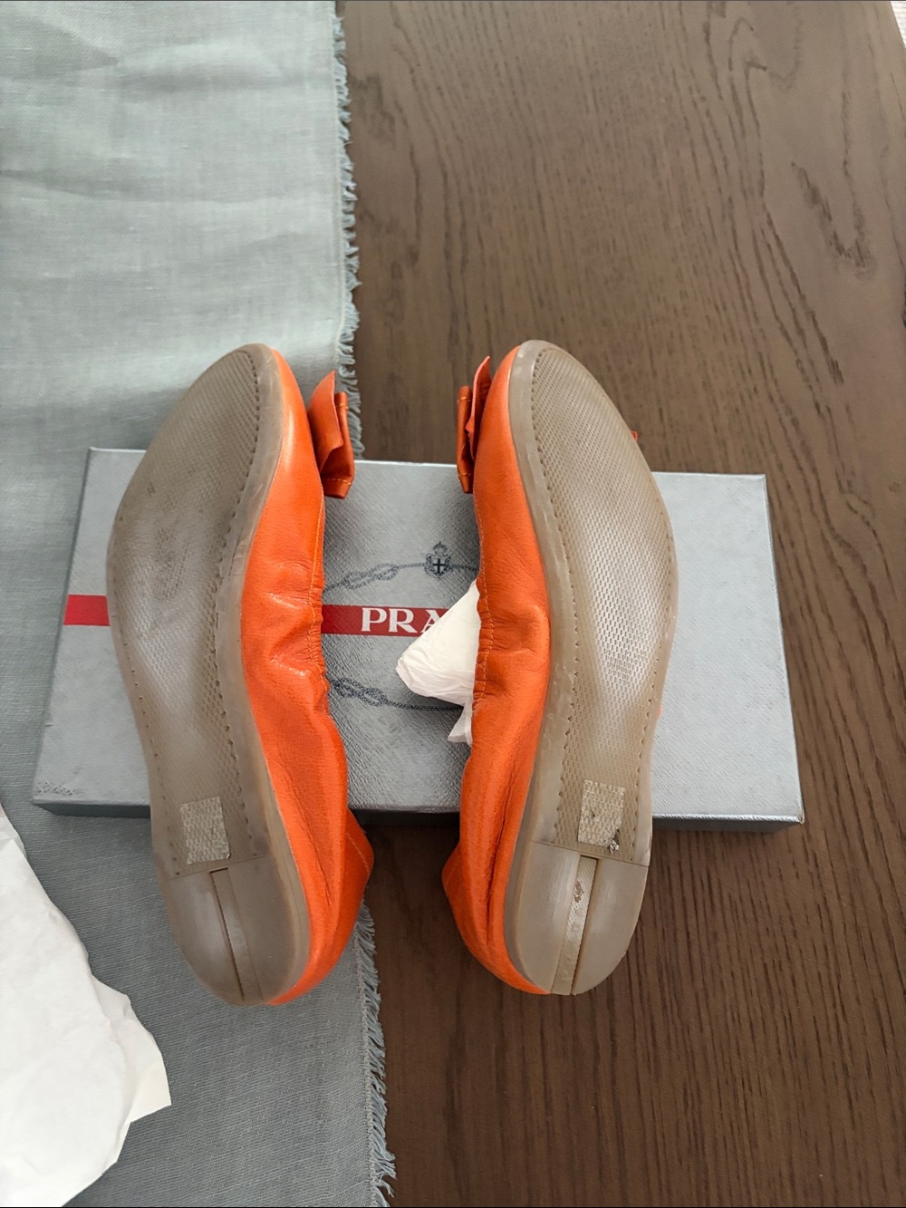 Prada Men’s Orange Leather Ballet Flats with Bow Accent - Picture 3 of 4
